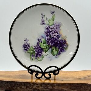 Antique H.T. & K Co Semi-Vitreous Porcelain Plate Purple Violets Gold Rim 10.25"